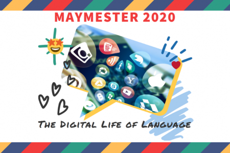 Maymester course flyer with speech bubble and emoticons