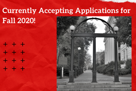 Image of UGA Arch on Red and Black Banner advertising graduate school application deadline